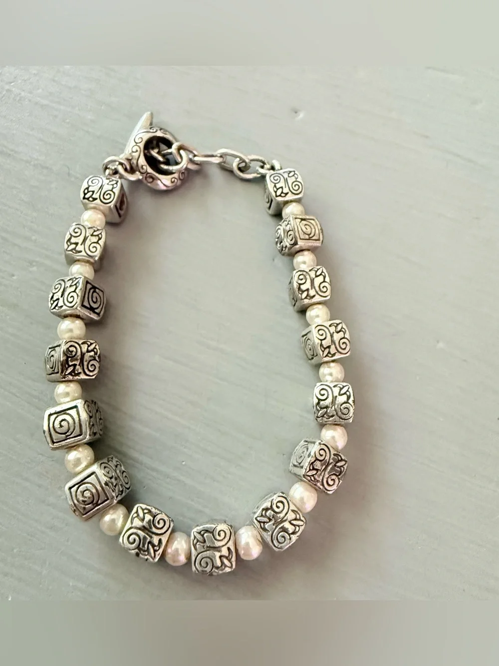 Silver Tone and Faux Pearl Bead Bracelet